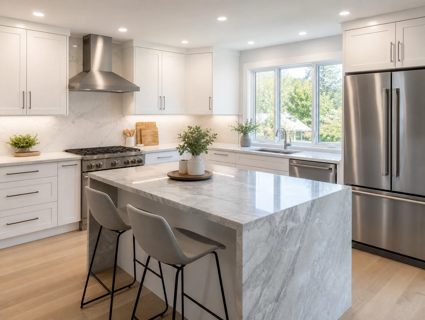 Renovated custom kitchen featuring wide pathways between island and countertops with multi-level work surfaces
