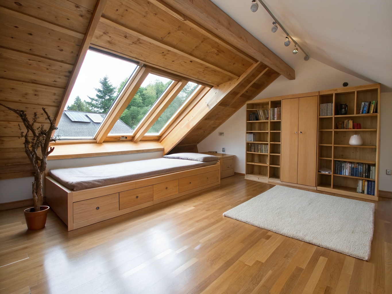 Finished modern attic bedroom conversion featuring natural light, sloped ceilings, dormer window, and hardwood floors