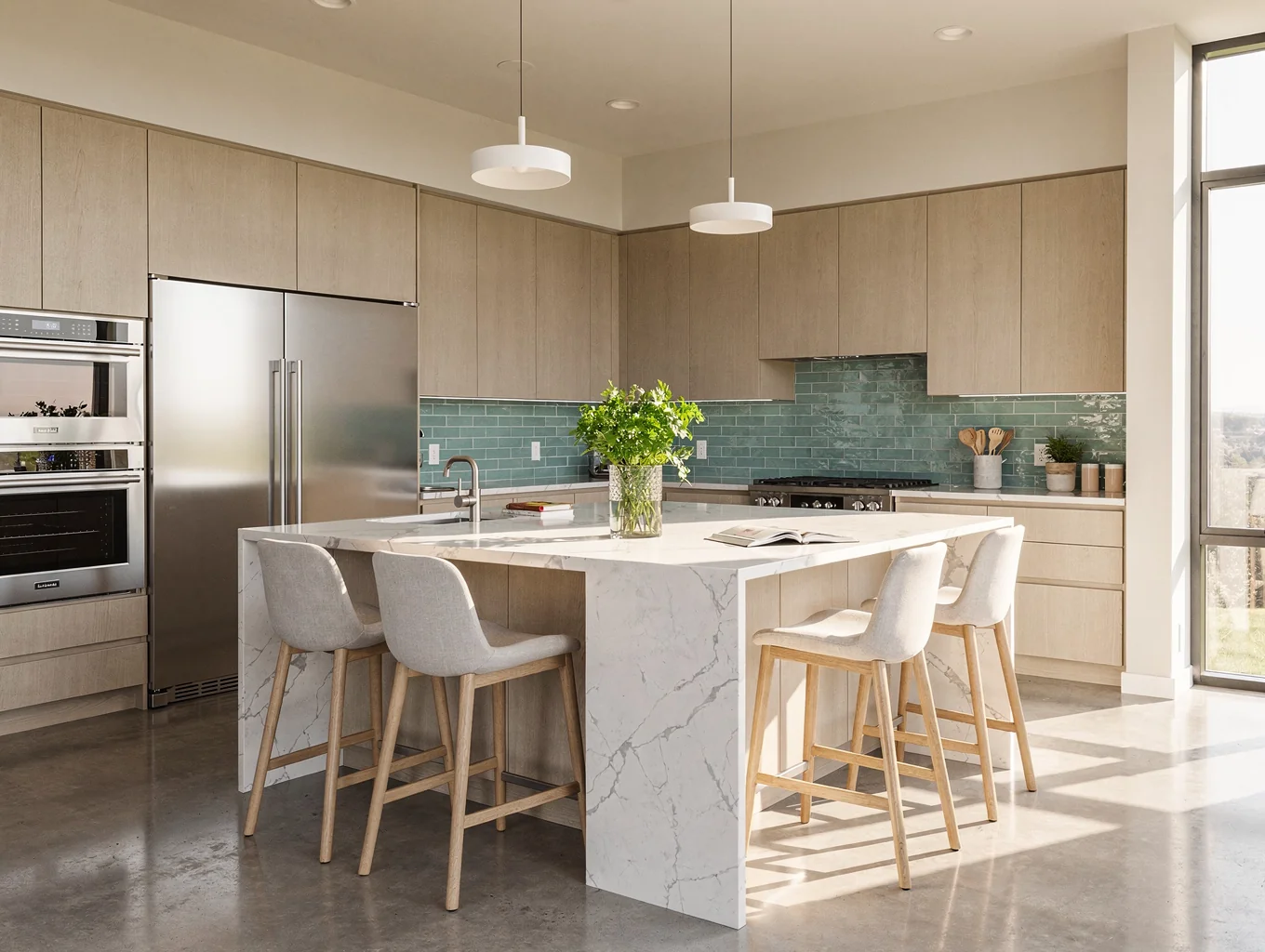 Open concept kitchen and dining renovation in an Austell Georgia ranch style residence with quartz island