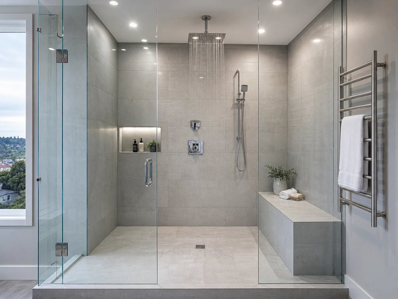 Modern curbless zero-threshold walk-in shower with wide glass enclosure and built-in bench