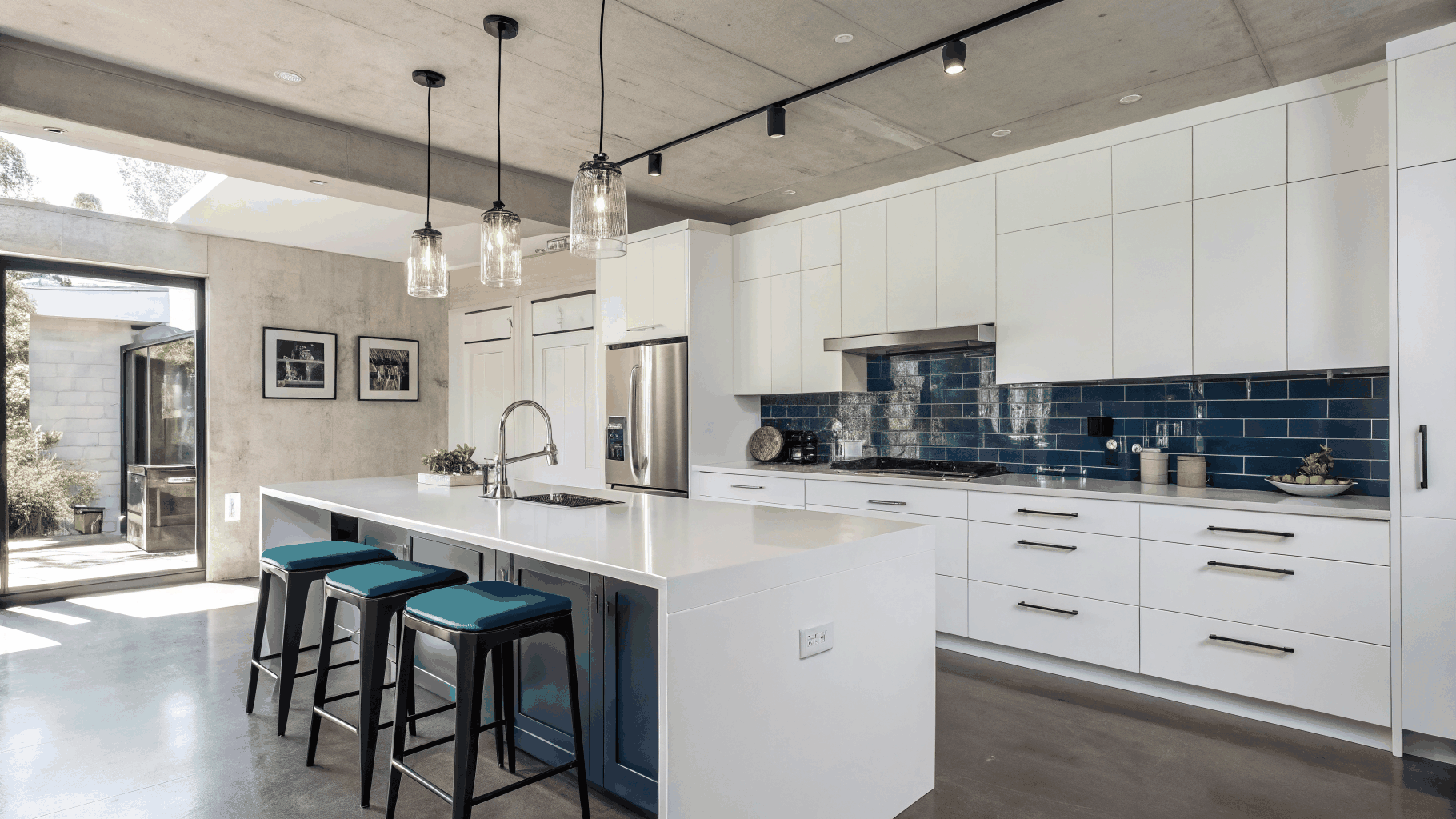 Bright modern luxury kitchen renovation with central island, quartz surfaces, and pendant lights in Hiram Georgia