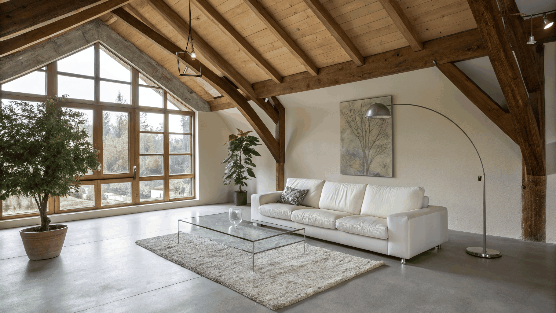 Contemporary open living room renovation with architectural ceiling beams and engineered flooring in a Lithia Springs split-level home
