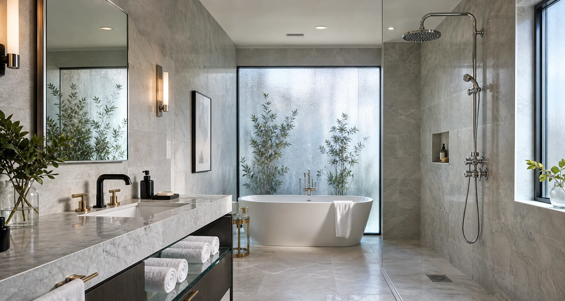 Luxury ensuite bathroom featuring a freestanding tub, glass walk-in shower, and dual vanity