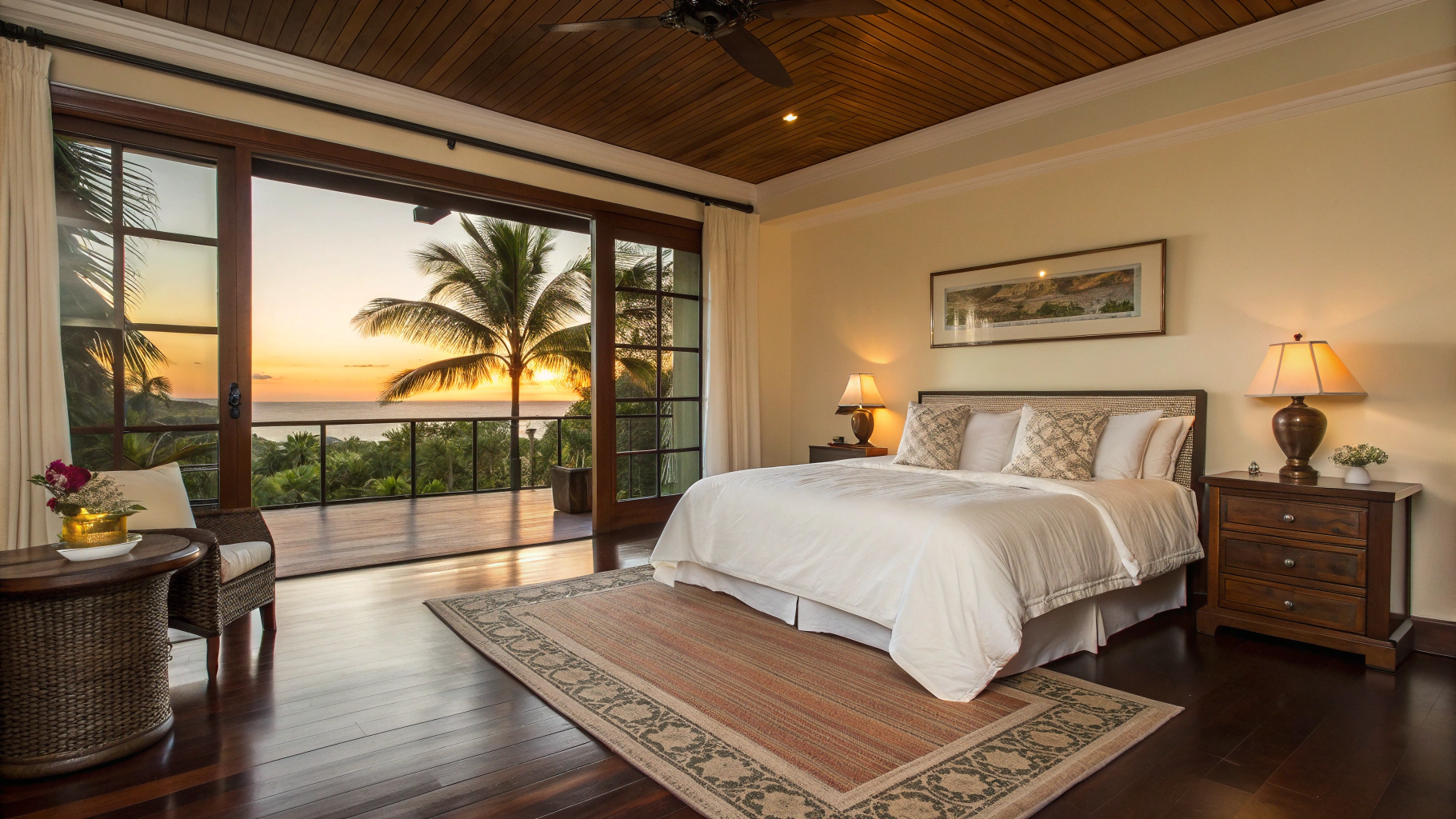 Expansive primary suite bedroom with tailored millwork, natural light, and sitting lounge