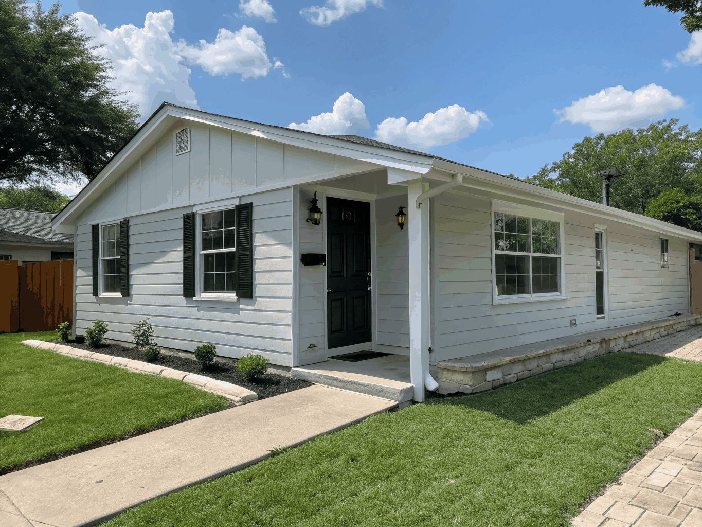 Renovated mid-century brick ranch home in Mableton with new architectural windows, portico, and modern siding accents