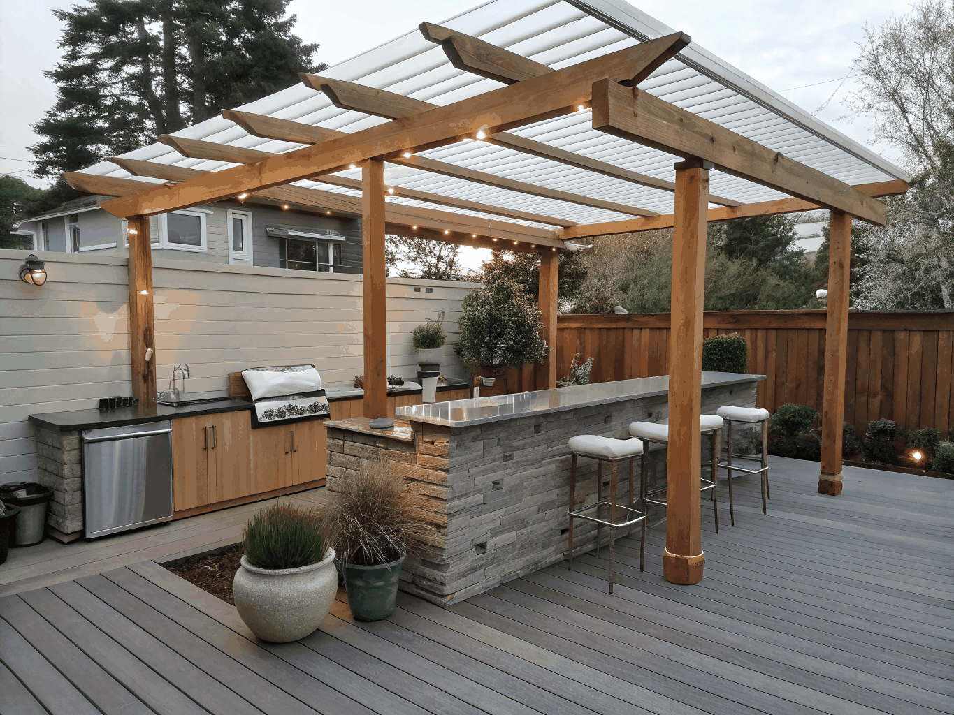 Custom covered rear porch with outdoor fireplace and composite decking addition in Marietta