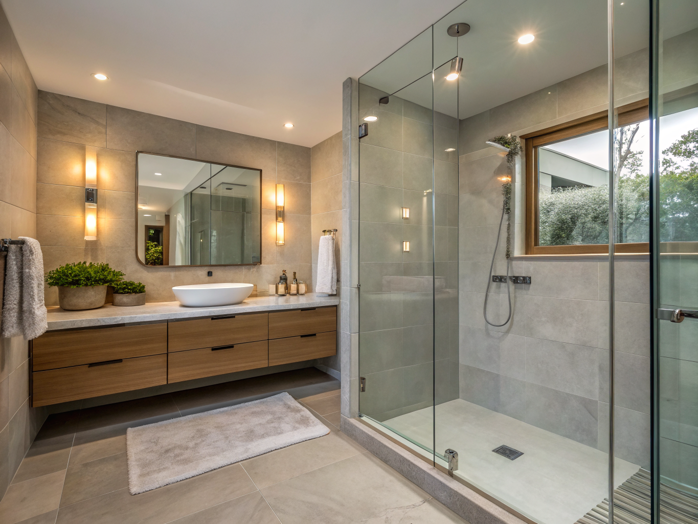 Finished basement bathroom renovation with glass shower and contemporary vanity