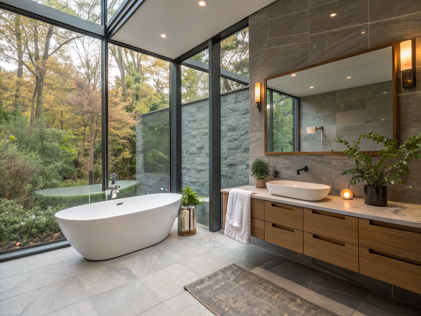 Primary ensuite spa bathroom concept featuring a freestanding soaking tub, glass curbless shower, and natural daylight in a Powder Springs home