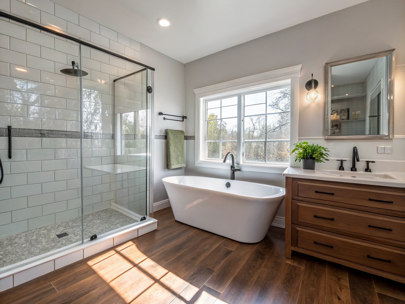 Spa-style bathroom remodel featuring a curbless glass shower and freestanding soaking tub in a Georgia home