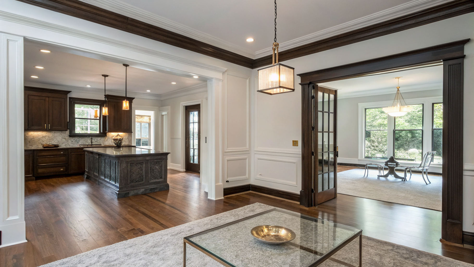 Open-concept living room and dining renovation in a Georgia home with natural daylight, hardwood flooring, and custom architectural finishes