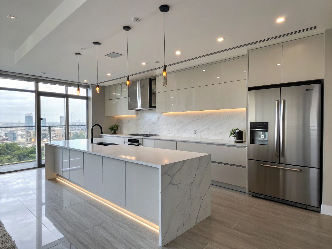 Spacious renovated kitchen concept in a Powder Springs Georgia home featuring a quartz waterfall island, custom cabinetry, and natural daylight