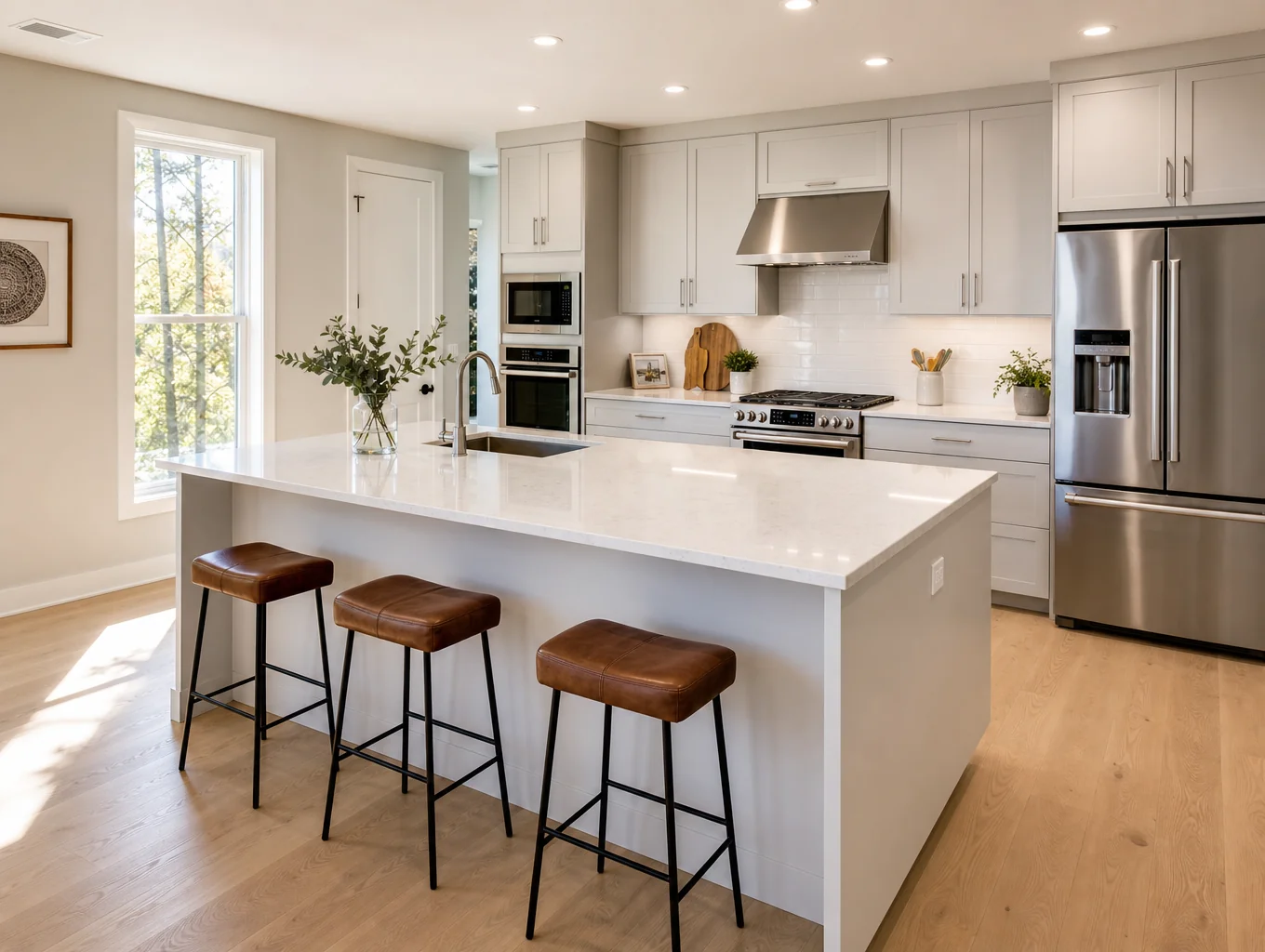 Renovated kitchen featuring a custom central island with quartz countertops, shaker cabinetry, and natural lighting in a Powder Springs home