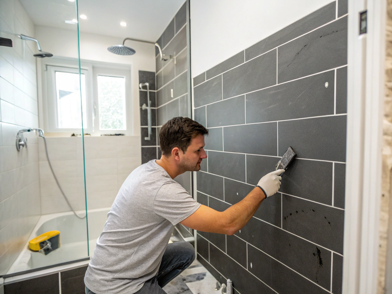 Tradesperson installing precision subway tile on a bathroom shower wall during renovation