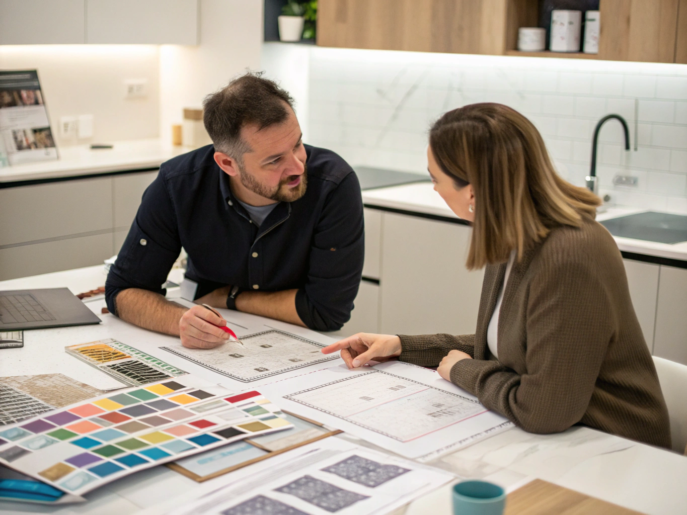 Homeowners and interior designer reviewing architectural floor plans and stone material samples