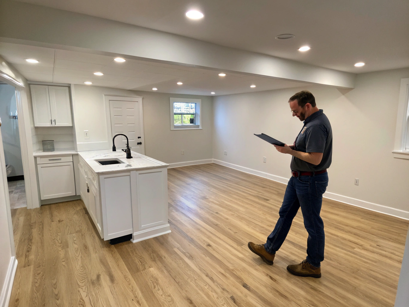 Homeowner and project supervisor conducting the final walkthrough inspection in a finished kitchen