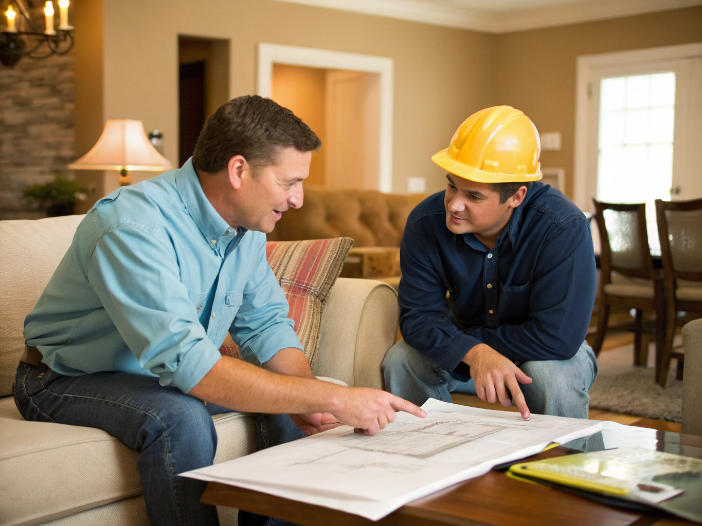 Powder Springs remodeling contractor and designer reviewing architectural plans in a home setting