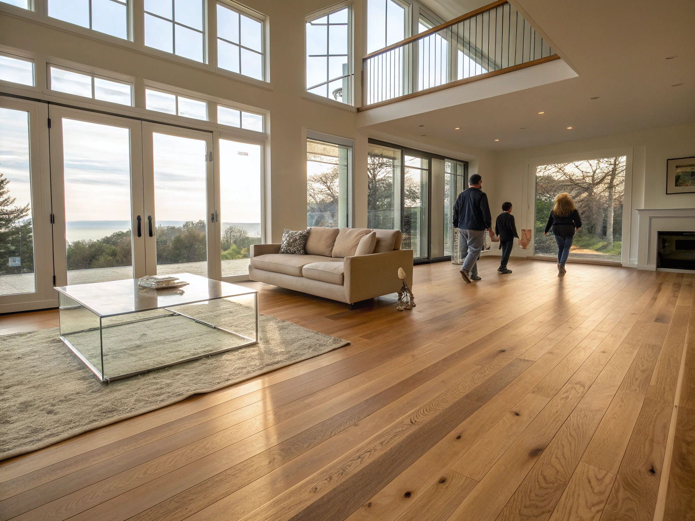 Open-concept whole-home interior renovation in a Georgia two-story residence with wide-plank hardwood floors, architectural beams, and bright living areas