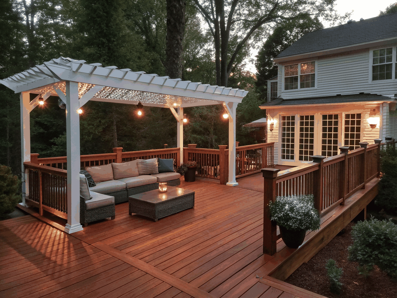 Design concept for a covered outdoor living deck renovation with masonry fireplace and timber roof structure