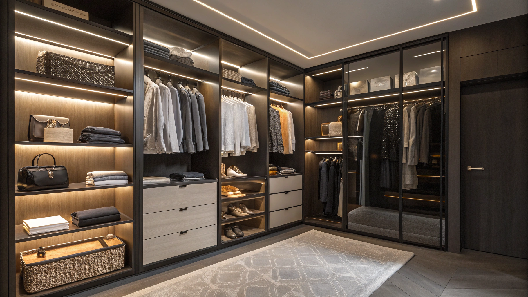 Bespoke walk-in dressing room with custom built-ins and adjoining bedroom sitting retreat