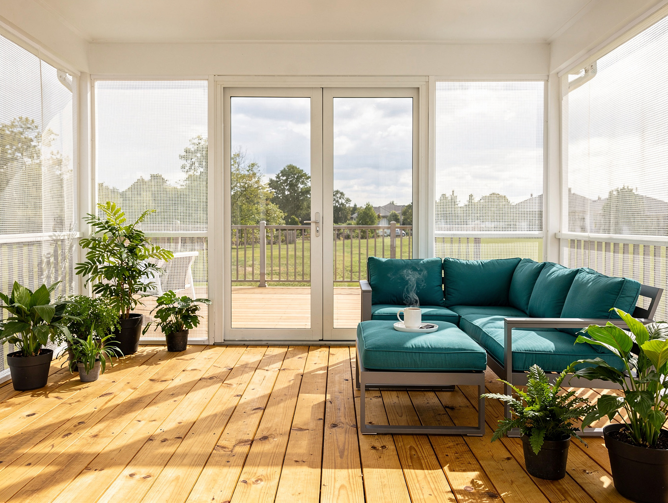 Custom screened porch conversion with clean roofline tie-in, tongue-and-groove cedar ceiling, and open garden views.