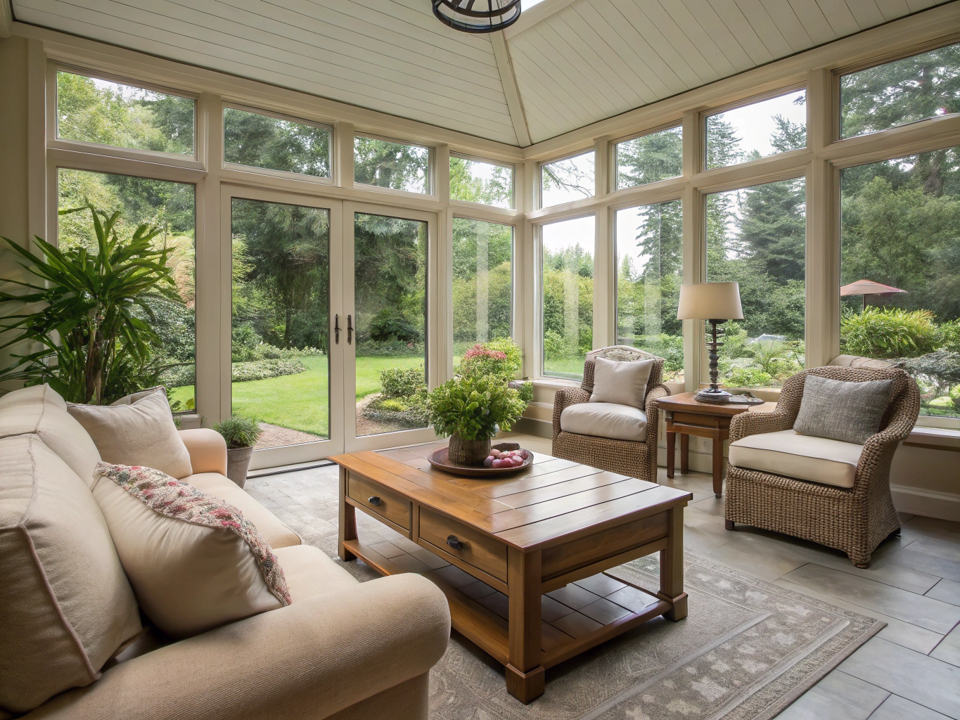 Spacious sunroom addition with insulated aluminum frames, floor-to-ceiling double-pane glass, and comfortable lounge seating.